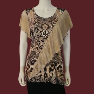 Vtg UNITY WORLD WEAR Beige and Black Ethnic Print Mesh Ruffle Tunic